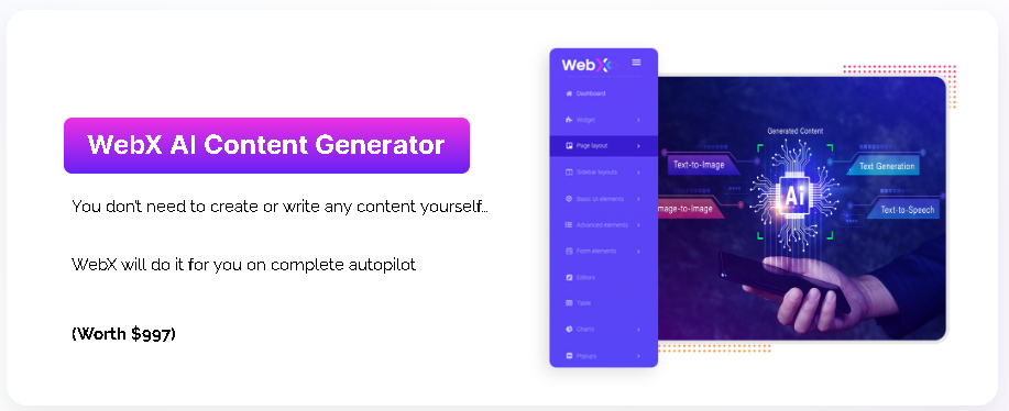 WebX Includes EVERYTHING and This image preserves to including WebX AI Content Generator