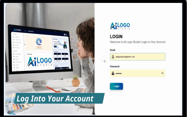 User logging into the AI Logo Studio platform, with the login screen on the right displaying fields for email and password, and the dashboard on the left showcasing various logo design options