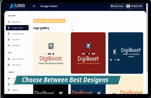 AI Logo Studio interface displaying a logo gallery with various design options for 'DigiBoost,' accompanied by the text 'Choose Between Best Designs' at the bottom.