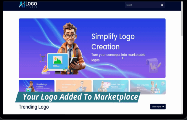 "AI Logo Studio marketplace interface showcasing a section for trending logos with the headline 'Simplify Logo Creation: Turn your concepts into marketable logos' and the text 'Your Logo Added To Marketplace' at the bottom."