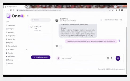 The image shows the interface of "One AI" with a chat window displaying a conversation with a GPT-4-powered chatbot. The user has asked the chatbot to create a content calendar for a TikTok account focused on real estate listings.